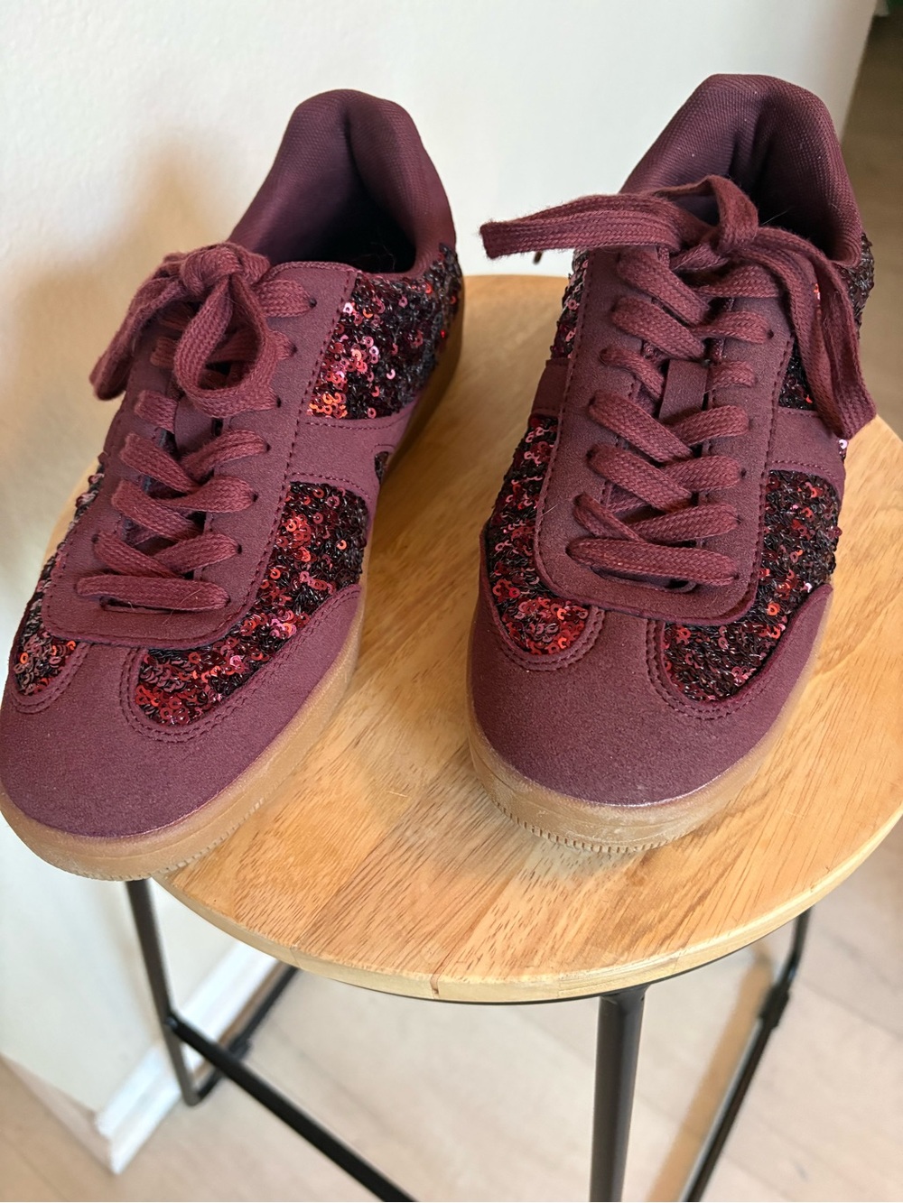 No Boundaries Burgundy Sequin Lace-Up Sneakers